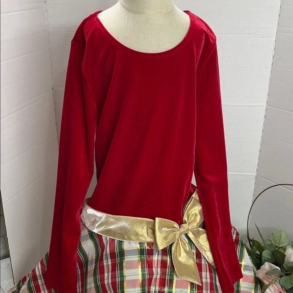 Red and Gold Plaid Dress with Bow